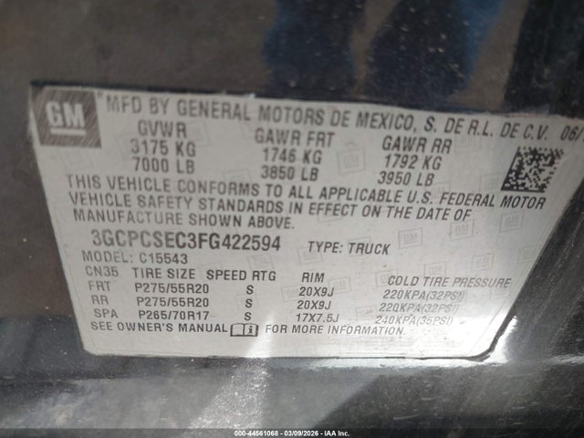 Aukcja sprzedaży 2015 Chevrolet Silverado 1500 1lz, vin: 3GCPCSEC3FG422594, numer aukcji: 44561068
