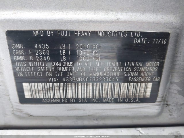 Aukcja sprzedaży 2011 Subaru Legacy 2.5i Limited, vin: 4S3BMBK67B3233045, numer aukcji: 44561074