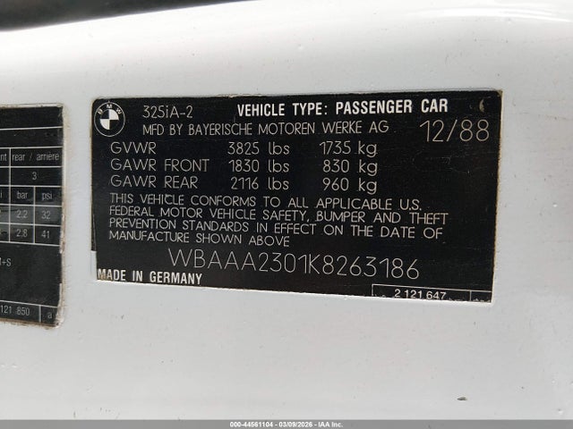 Продаж на аукціоні авто 1989 Bmw 325 I Automatic/is Automatic, vin: WBAAA2301K8263186, номер лоту: 44561104