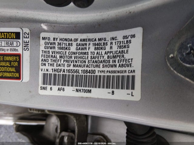 Aukcja sprzedaży 2006 Honda Civic Lx, vin: 1HGFA16556L108400, numer aukcji: 44561116