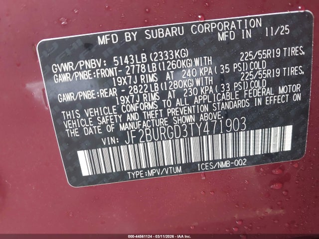 Aukcja sprzedaży 2026 Subaru Outback Limited Xt, vin: JF2BURGD3TY471903, numer aukcji: 44561124