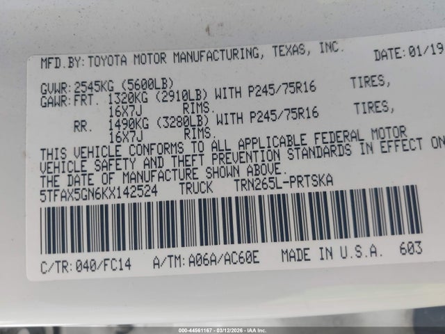 5TFAX5GN6KX142524 Toyota Tacoma Sr5