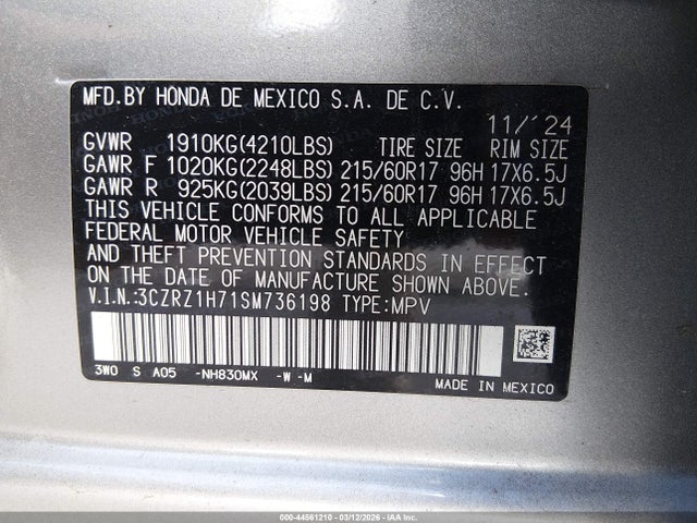 3CZRZ1H71SM736198 Honda Hr-v 2wd Ex-l