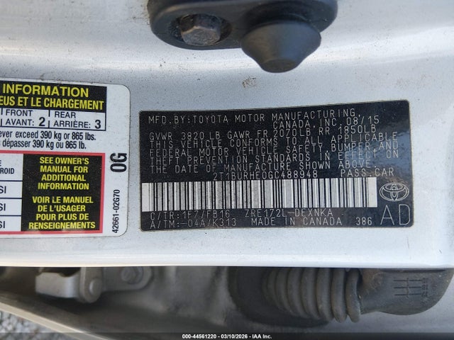 2016 Toyota Corolla Le მანქანა იყიდება აუქციონზე, vin: 2T1BURHE0GC488948, აუქციონის ნომერი: 44561220
