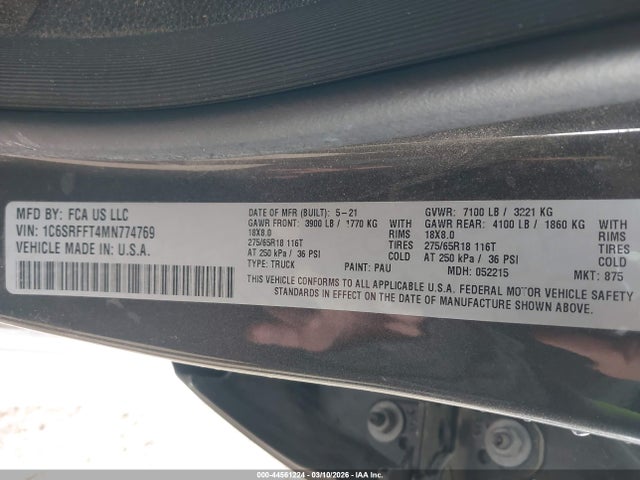 44561224 :رقم المزاد ، 1C6SRFFT4MN774769 vin ، 2021 Ram 1500 مزاد بيع
