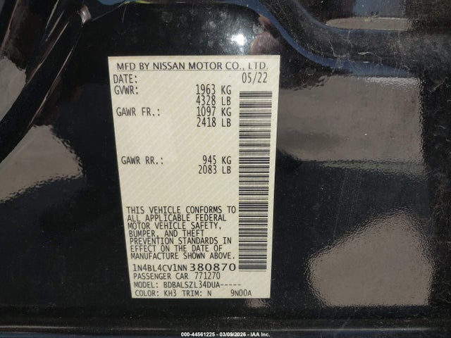 Aukcja sprzedaży 2022 Nissan Altima Sr Fwd, vin: 1N4BL4CV1NN380870, numer aukcji: 44561225