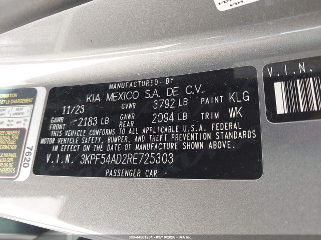 Aukcja sprzedaży 2024 Kia Forte Gt-line, vin: 3KPF54AD2RE725303, numer aukcji: 44561231