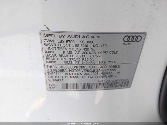 44561234 :رقم المزاد ، WA1LGAFEXFD005347 vin ، 2015 Audi Q7 3.0t Premium مزاد بيع