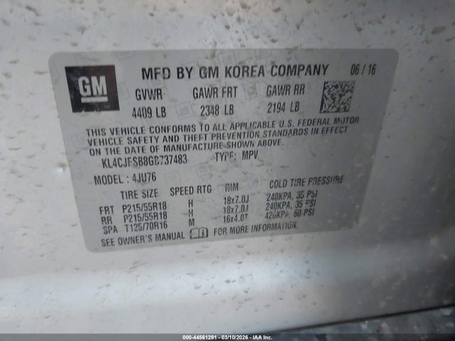 Aukcja sprzedaży 2016 Buick Encore Convenience, vin: KL4CJFSB8GB737483, numer aukcji: 44561291