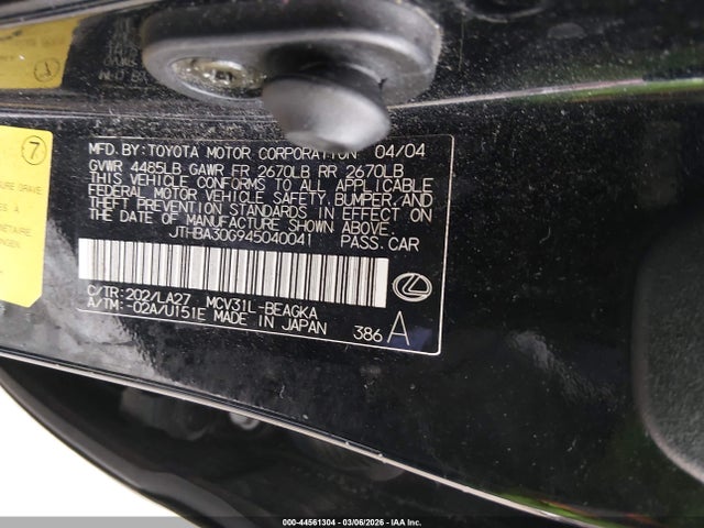 2004 Lexus Es 330 მანქანა იყიდება აუქციონზე, vin: JTHBA30G945040041, აუქციონის ნომერი: 44561304