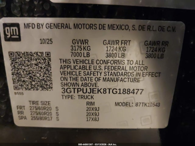 Aukcja sprzedaży 2026 Gmc Sierra 1500 , Short Bed, Elevation, 4wd, vin: 3GTPUJEK8TG188477, numer aukcji: 44561307