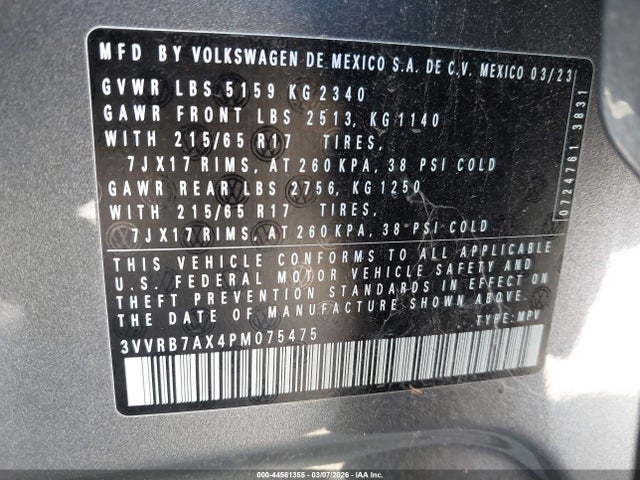 Aukcja sprzedaży 2023 Volkswagen Tiguan 2.0t S, vin: 3VVRB7AX4PM075475, numer aukcji: 44561355
