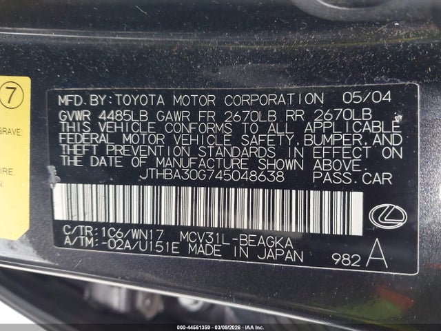 2004 Lexus Es 330 მანქანა იყიდება აუქციონზე, vin: JTHBA30G745048638, აუქციონის ნომერი: 44561359