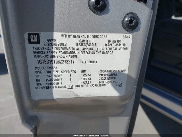 Продажа на аукционе авто 2006 Gmc Sierra 1500 Sle2, vin: 1GTEC19T06Z273217, номер лота: 44561363