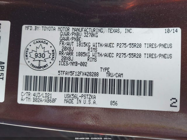 Продажа на аукционе авто 2015 Toyota Tundra Platinum 5.7l V8, vin: 5TFAY5F12FX428288, номер лота: 44561369