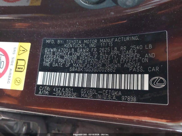 Aukcja sprzedaży 2016 Lexus Es 350, vin: 58ABK1GG3GU002862, numer aukcji: 44561388