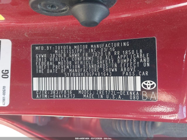 2016 Toyota Corolla Le Plus მანქანა იყიდება აუქციონზე, vin: 5YFBURHE9GP481643, აუქციონის ნომერი: 44561404