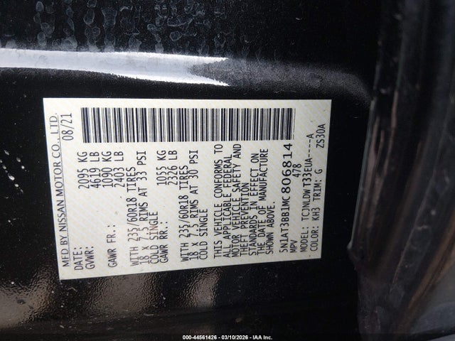 44561426 :رقم المزاد ، 5N1AT3BB1MC806814 vin ، 2021 Nissan Rogue Sv Intelligent Awd مزاد بيع