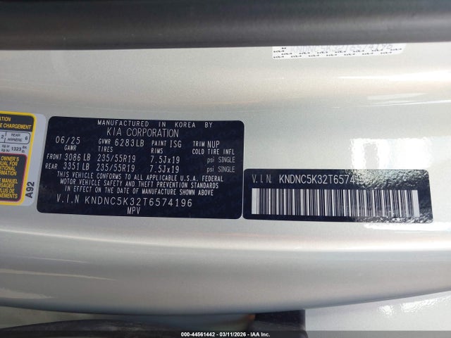 44561442 :رقم المزاد ، KNDNC5K32T6574196 vin ، 2026 Kia Carnival Mpv Ex مزاد بيع