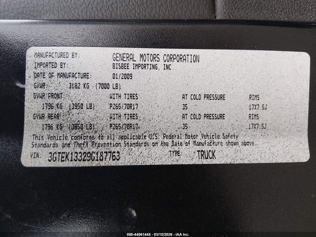 44561445 :رقم المزاد ، 3GTEK13329G187763 vin ، 2009 Gmc Sierra 1500 Work Truck مزاد بيع