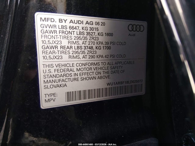 44561460 :رقم المزاد ، WU1ARBF18LD025072 vin ، 2020 Audi Rs Q8 Tfsi Quattro Tiptronic مزاد بيع