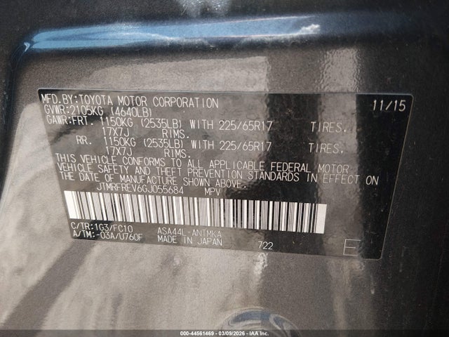 44561469 :رقم المزاد ، JTMRFREV6GJ055684 vin ، 2016 Toyota Rav4 Xle مزاد بيع