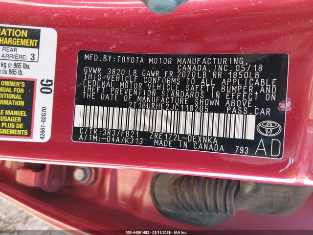 Toyota COROLLA LE 2018 2T1BURHE2JC118205 Image 9