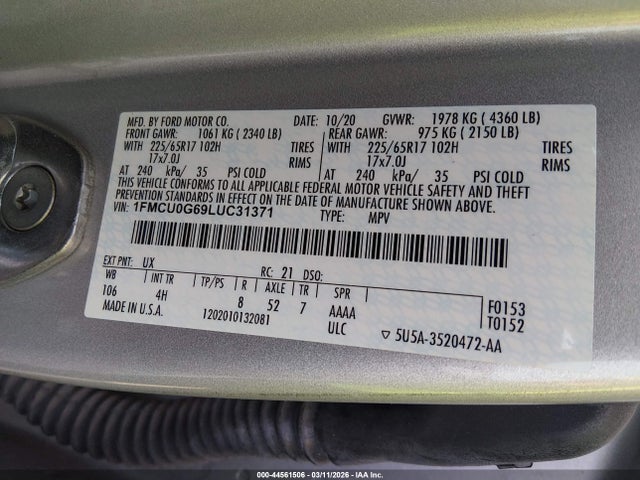 Aukcja sprzedaży 2020 Ford Escape Se, vin: 1FMCU0G69LUC31371, numer aukcji: 44561506