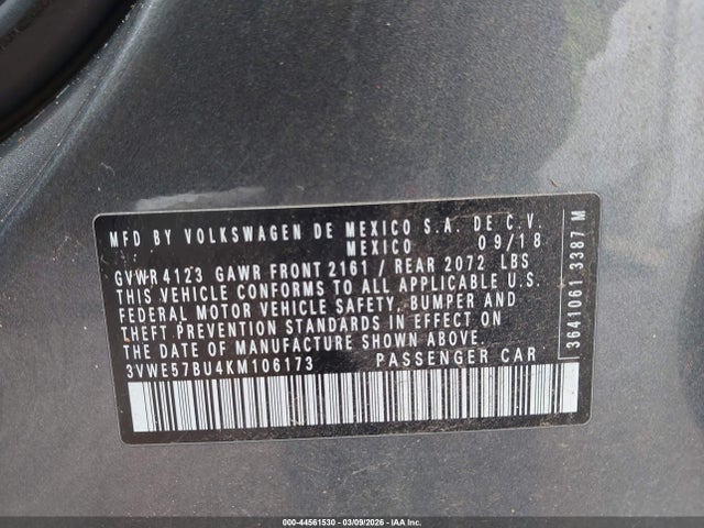 44561530 :رقم المزاد ، 3VWE57BU4KM106173 vin ، 2019 Volkswagen Jetta 1.4t Sel مزاد بيع
