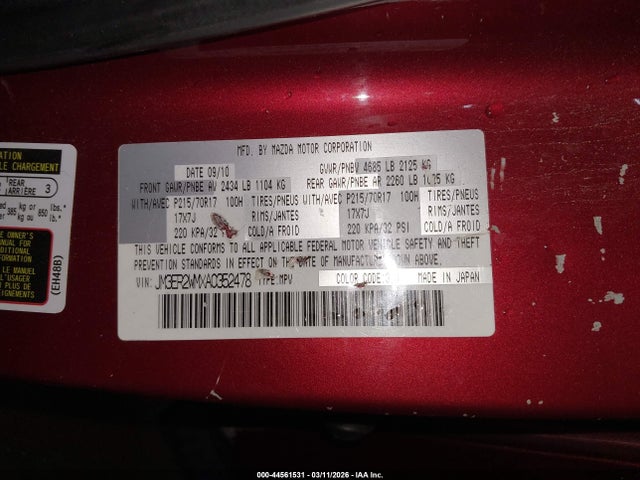 44561531 :رقم المزاد ، JM3ER2WMXA0352478 vin ، 2010 Mazda Cx-7 I Sport مزاد بيع