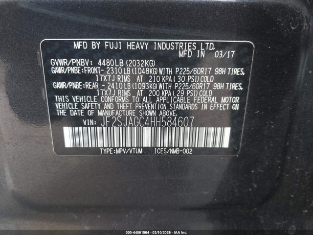 Aukcja sprzedaży 2017 Subaru Forester 2.5i Premium, vin: JF2SJAGC4HH584607, numer aukcji: 44561564