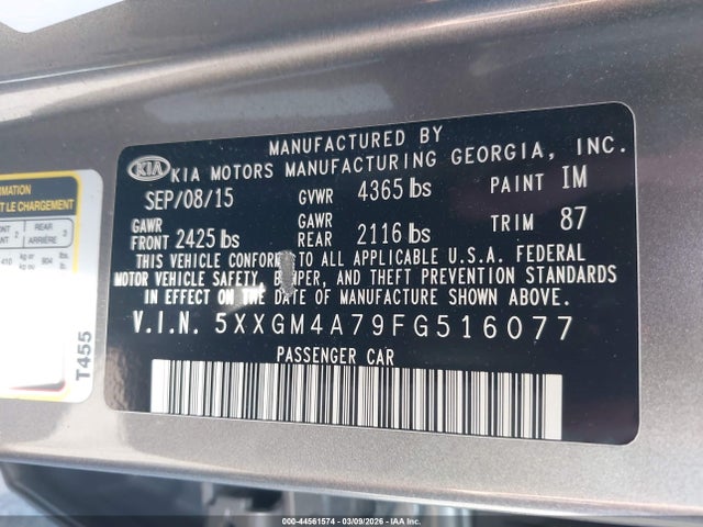 5XXGM4A79FG516077 KIA Optima Lx