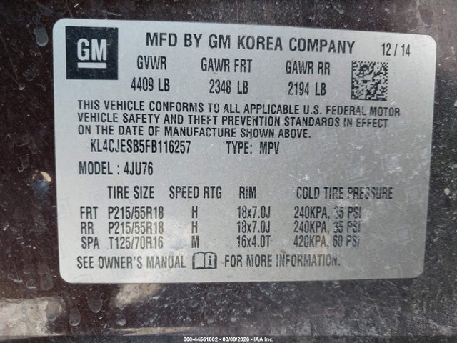 44561602 :رقم المزاد ، KL4CJESB5FB116257 vin ، 2015 Buick Encore مزاد بيع