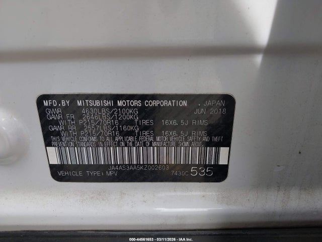 Продаж на аукціоні авто 2019 Mitsubishi Eclipse Cross Es, vin: JA4AS3AA5KZ002603, номер лоту: 44561653