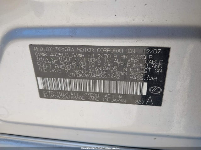 44561667 :رقم المزاد ، JTHBK262485063462 vin ، 2008 Lexus Is 250 مزاد بيع