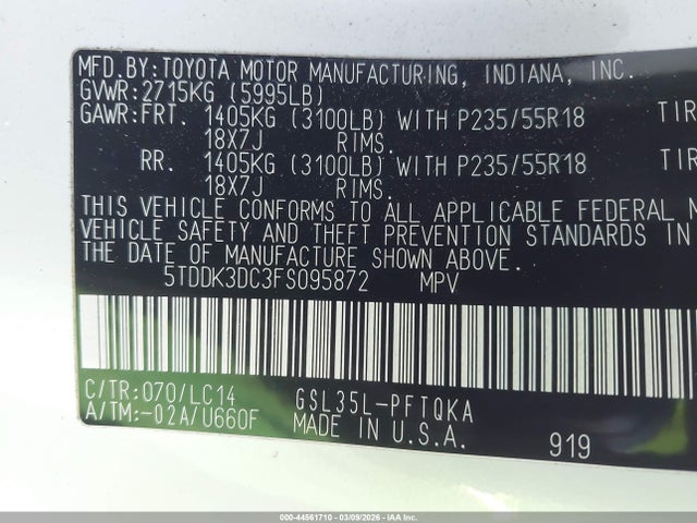 5TDDK3DC3FS095872 Toyota Sienna Xle Premium 7 Passenger