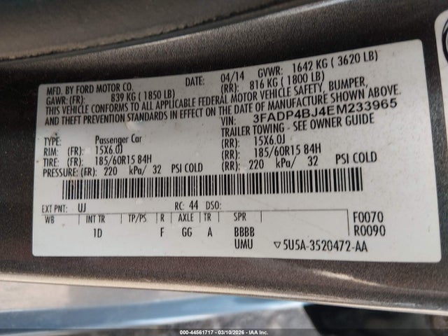 2014 Ford Fiesta Se მანქანა იყიდება აუქციონზე, vin: 3FADP4BJ4EM233965, აუქციონის ნომერი: 44561717