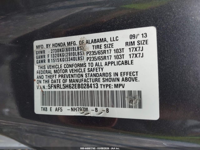 2014 Honda Odyssey Ex-l მანქანა იყიდება აუქციონზე, vin: 5FNRL5H62EB028413, აუქციონის ნომერი: 44561745