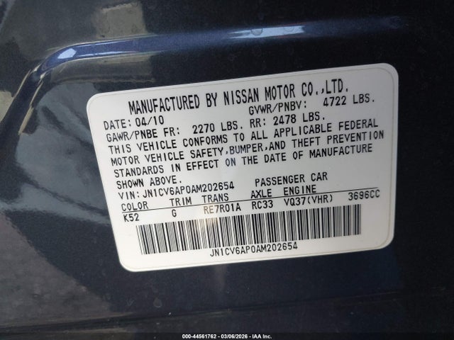 Продажа на аукционе авто 2010 Infiniti G37 Journey, vin: JN1CV6AP0AM202654, номер лота: 44561762