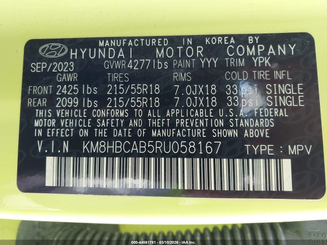 44561781 :رقم المزاد ، KM8HBCAB5RU058167 vin ، 2024 Hyundai Kona Sel مزاد بيع