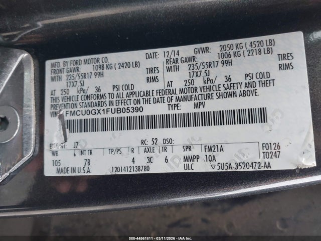 2015 Ford Escape Se მანქანა იყიდება აუქციონზე, vin: 1FMCU0GX1FUB05390, აუქციონის ნომერი: 44561811