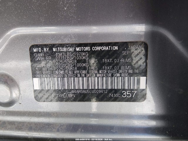 Продаж на аукціоні авто 2020 Mitsubishi Outlander Sport 2.0 Be Awc/2.0 Es Awc/2.0 Se Awc/2.0 Sp Awc, vin: JA4AR3AU5LU009412, номер лоту: 44561816