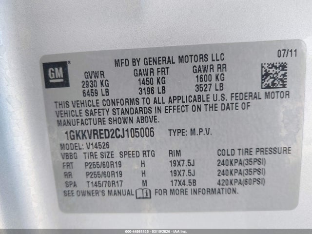 Продажа на аукционе авто 2012 Gmc Acadia Slt-1, vin: 1GKKVRED2CJ105006, номер лота: 44561835