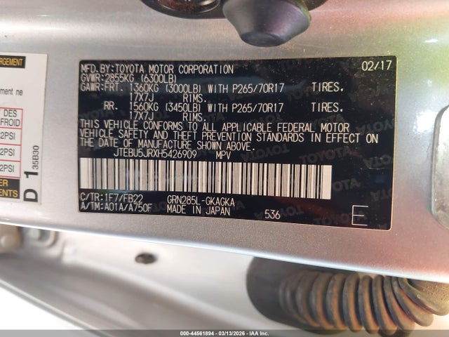 Toyota 4RUNNER SR5 2017 JTEBU5JRXH5426909 Image 9