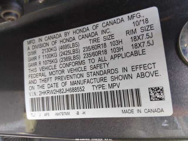 2HKRW2H82JH688552 Honda Cr-v Ex-l/ex-l Navi