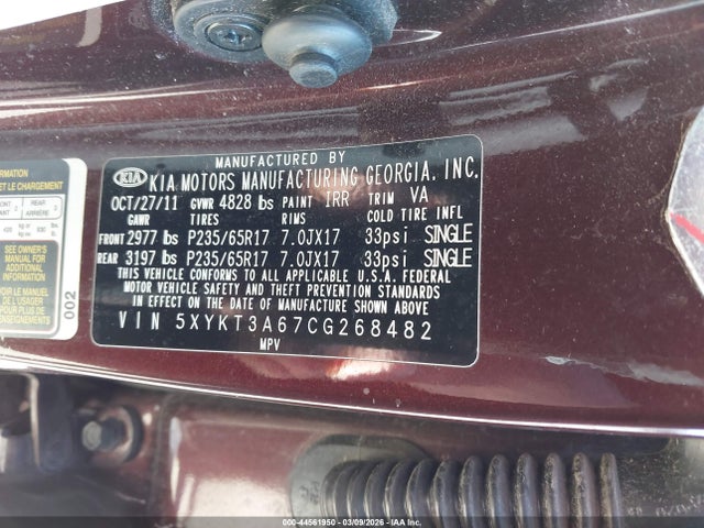 Продаж на аукціоні авто 2012 Kia Sorento Lx, vin: 5XYKT3A67CG268482, номер лоту: 44561950