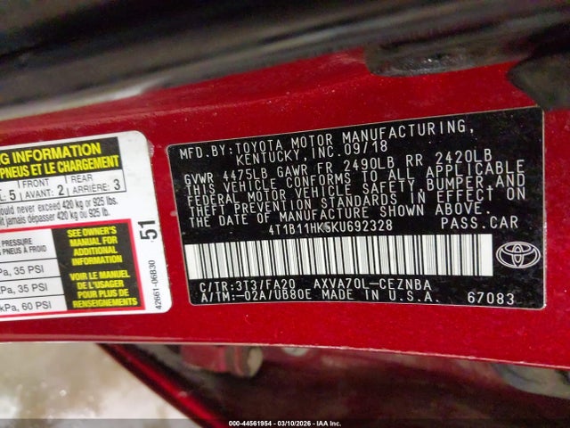 4T1B11HK5KU692328 Toyota CAMRY LE
