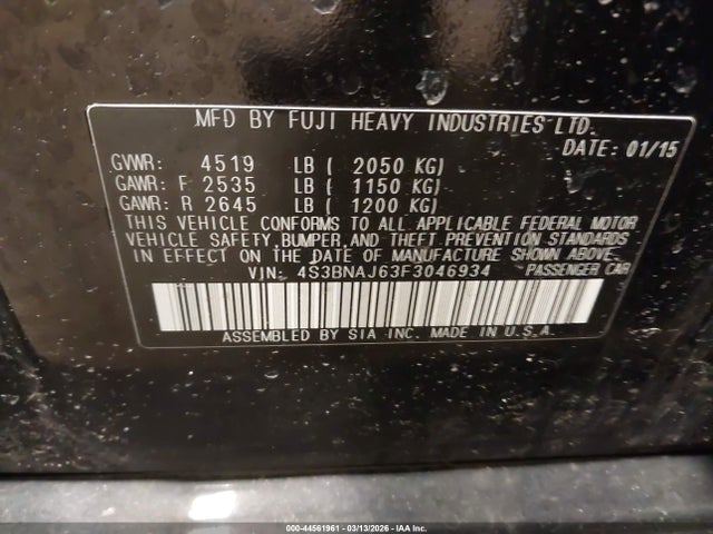 44561961 :رقم المزاد ، 4S3BNAJ63F3046934 vin ، 2015 Subaru Legacy 2.5i Limited مزاد بيع
