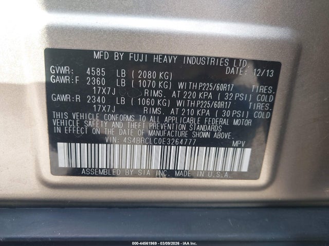 44561969 :رقم المزاد ، 4S4BRCLC0E3264777 vin ، 2014 Subaru Outback 2.5i Limited مزاد بيع