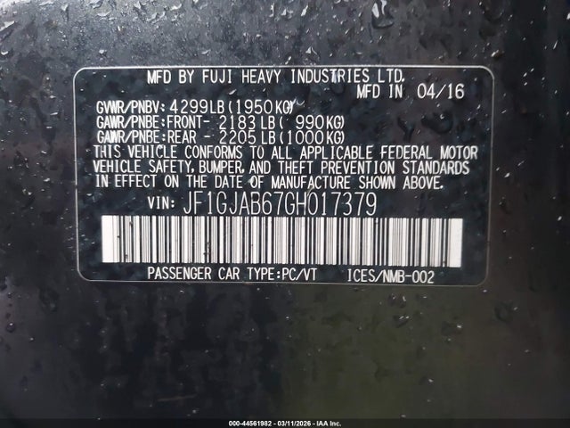 44561982 :رقم المزاد ، JF1GJAB67GH017379 vin ، 2016 Subaru Impreza 2.0i Premium مزاد بيع